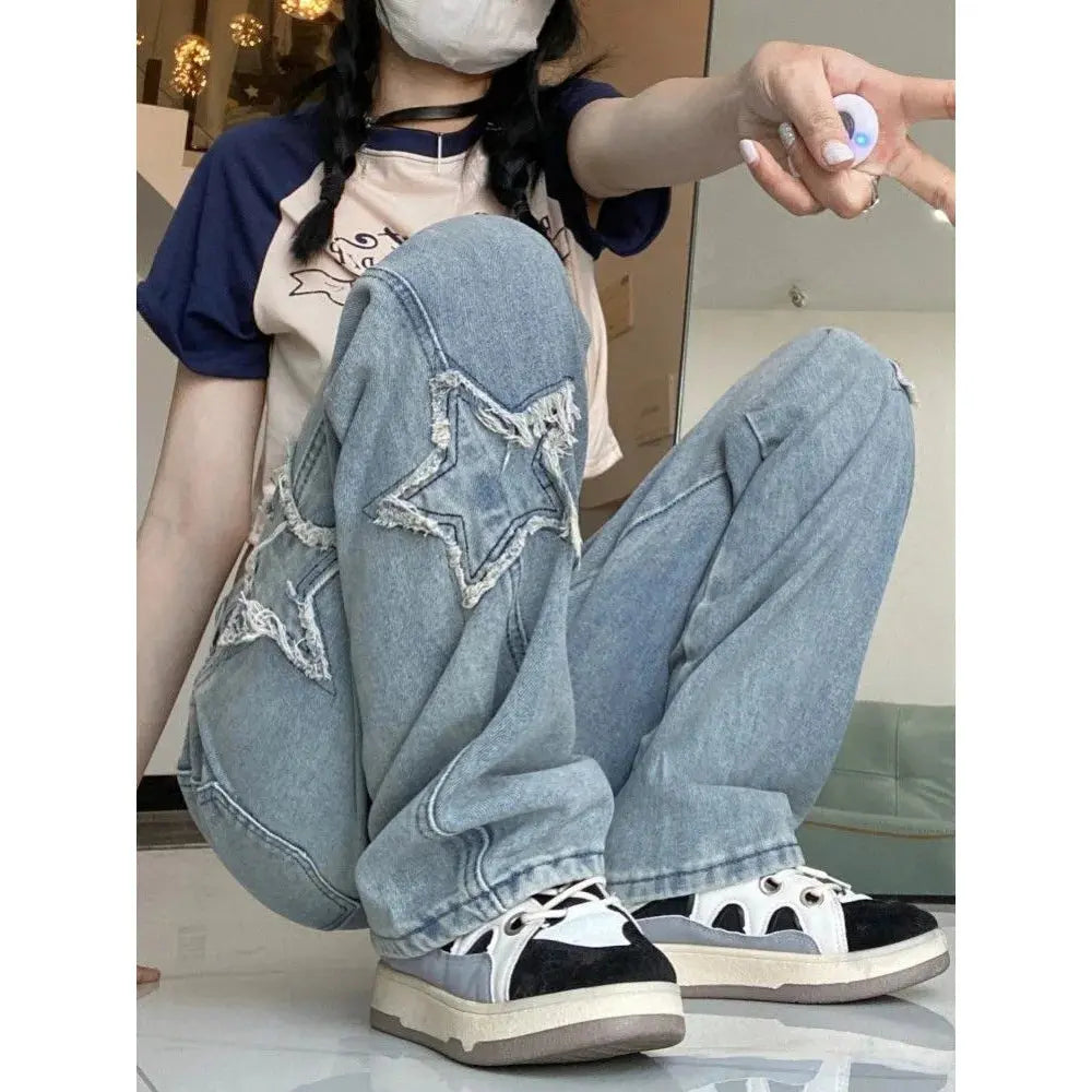 Women’s Retro Wide Leg Jeans – High Waist, Embroidered Streetwear