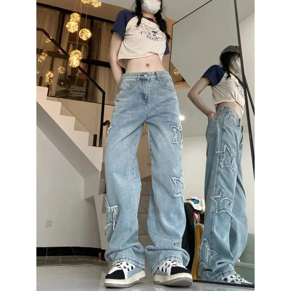 Women’s Retro Wide Leg Jeans – High Waist, Embroidered Streetwear