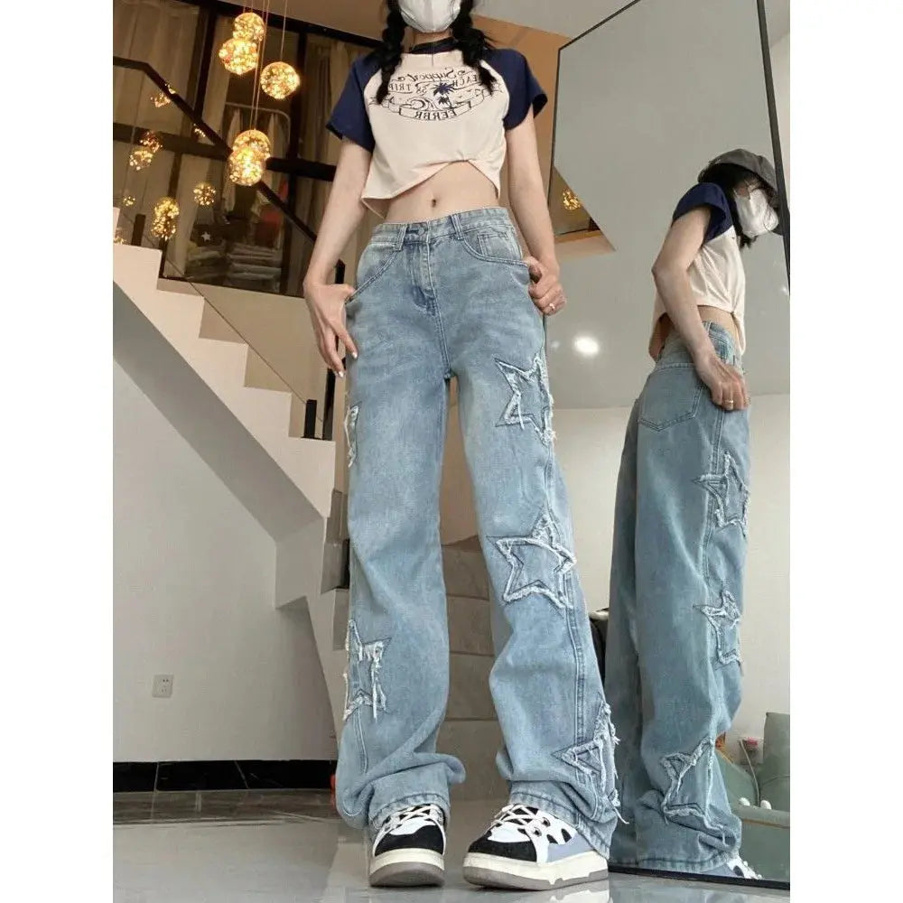 Women’s Retro Wide Leg Jeans – High Waist, Embroidered Streetwear
