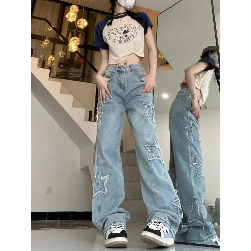 Women’s Retro Wide Leg Jeans – High Waist, Embroidered Streetwear