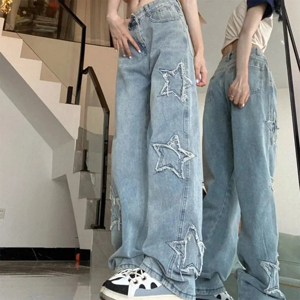 Women’s Retro Wide Leg Jeans – High Waist, Embroidered Streetwear