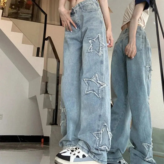 Women’s Retro Wide Leg Jeans – High Waist, Embroidered Streetwear