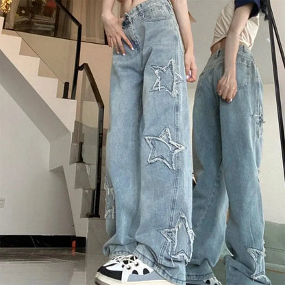 Women’s Retro Wide Leg Jeans – High Waist, Embroidered Streetwear